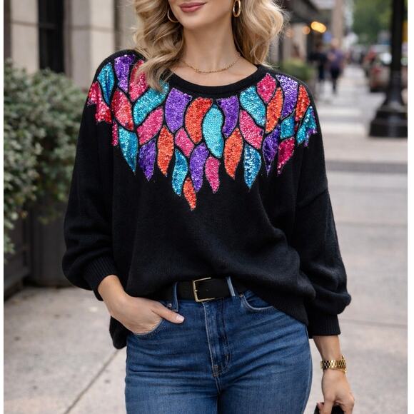 Vintage Sweaters - Victoria Jones vintage 90s sequin neckline loose knit dolman sweater size S